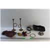 Image 1 : (2) Brass Candle Holders, Kids Toys, Bracelets, Ceramic Planter and a Small Sack