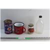 Image 1 : Enamel Mug, Vintage Jar, Maple Syrup Bottle and a Beef Hive Tin