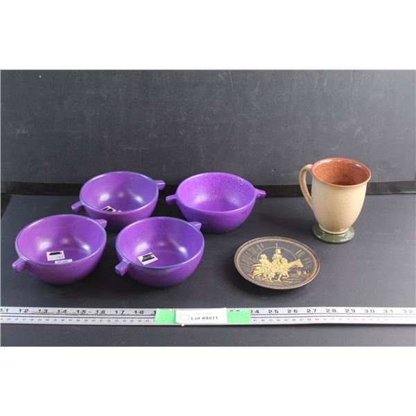 (4) Ceramic Soup Bowls 5'', Small Decorative Brass Plate and a Mug