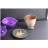 Image 2 : (4) Ceramic Soup Bowls 5'', Small Decorative Brass Plate and a Mug