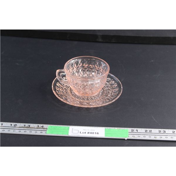 Pink Depression Glass Buttons and Bows Tea Cup and a Saucer