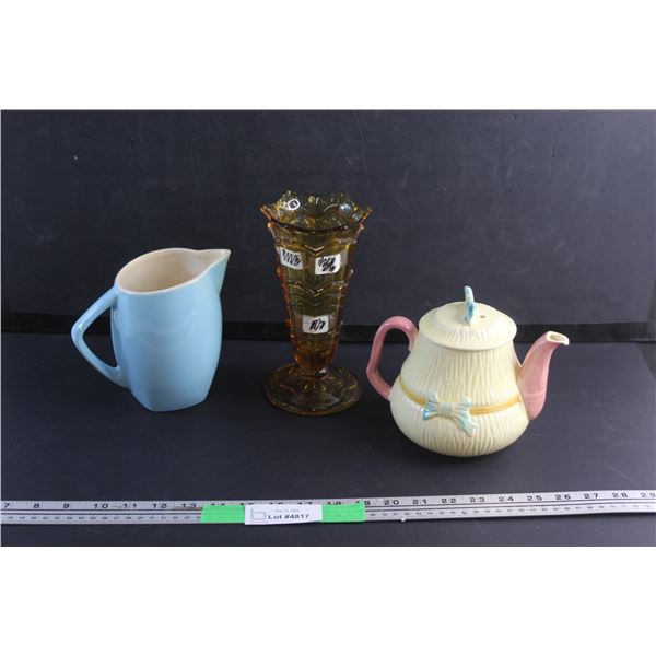 Amber Glass Vase, Ceramic Pitcher and a Tea Pot