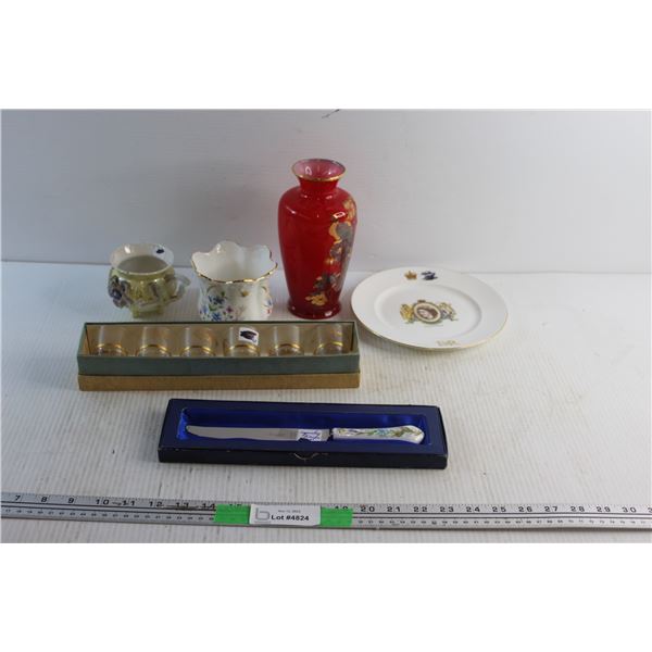Aynsley Knife, Liquor Shot Glasses Set, (2) Sugar Bowls, Decorative Plate and Red Glass Vase