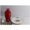 Image 2 : Aynsley Knife, Liquor Shot Glasses Set, (2) Sugar Bowls, Decorative Plate and Red Glass Vase