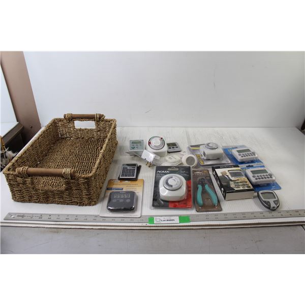 (2) LCD Timers, Assorted Timers, Pedometer, Wicker Basket