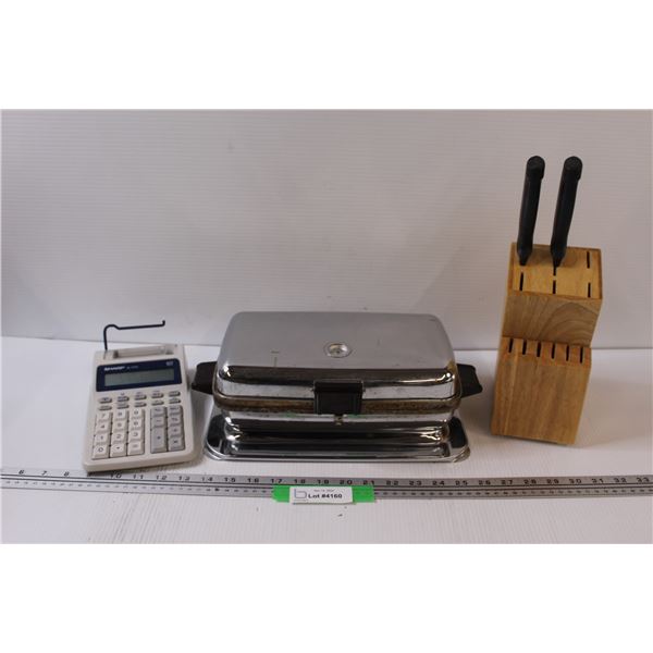 Vintage Waffle Maker, Knife Block w/Two Knives, Calculator - as is