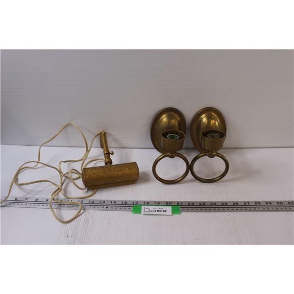(2) Brass Candle Holders - Wall Mount & Wall Mount Lamp - Needs Bulb, as is