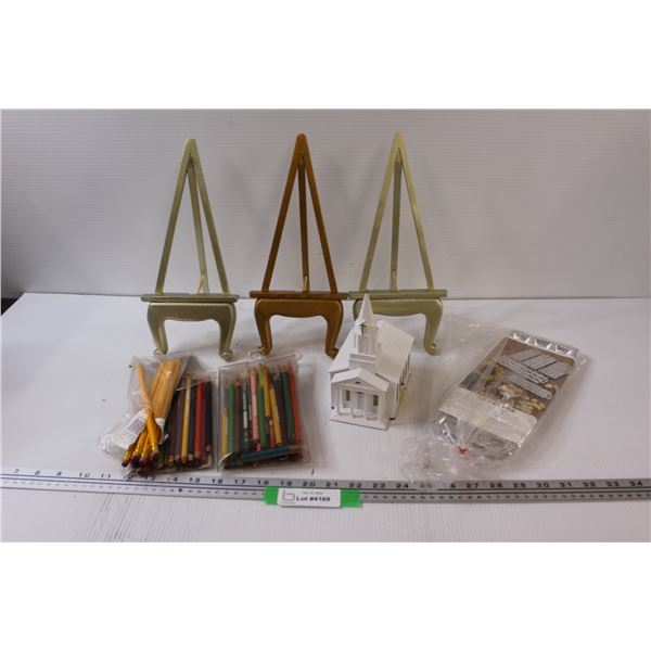 (3) Picture Holders, Pencil Crayons, Raviolera Making Pan, Musical Church "Silent Night" (Works)