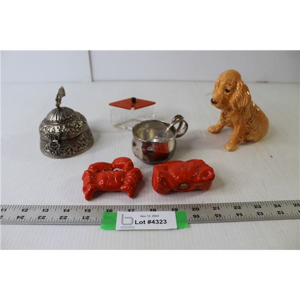 Set Crab Salt & Pepper Shakers, Ornamental Dog, Jewelry Box, Misc.