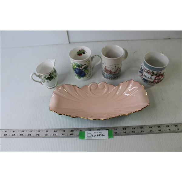 (3) Patterned Coffee Mugs, Fine China Creamer, Ceramic Decorative Dish With Gold Color Edging