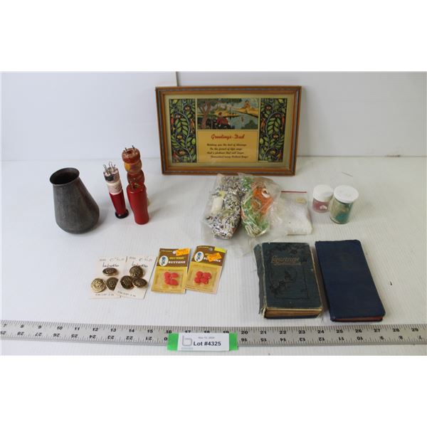 Framed Picture "Greetings - Dad" 11" x 7" (Loose Glass), Decorative Vase 4" Tall, Vintage Longfellow