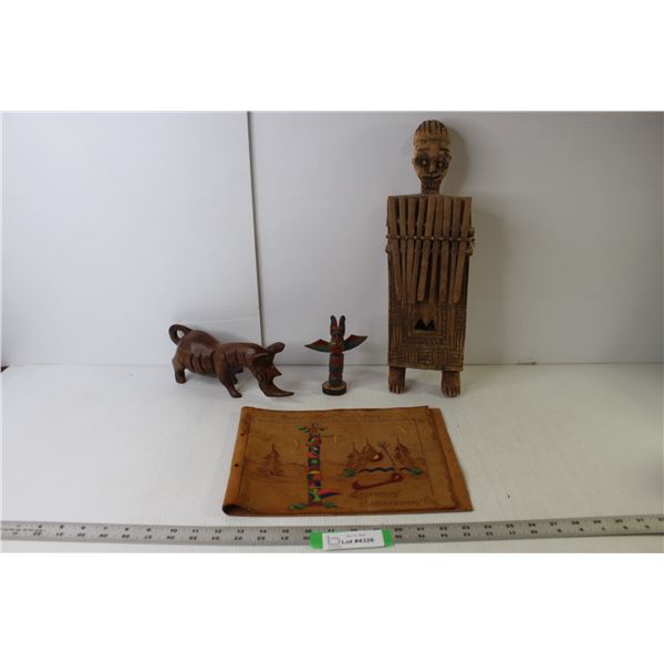 Leather Photo Album Cover -Indigenous Theme, Wood Figurine -African Theme - 16.5" Tall, Wood Totem P