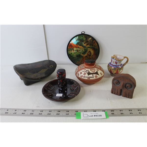 Collection Ornaments (Ash Tray - Indigenous Theme, Owl, Incense, Wall Art 6" Dia, Rock Figure