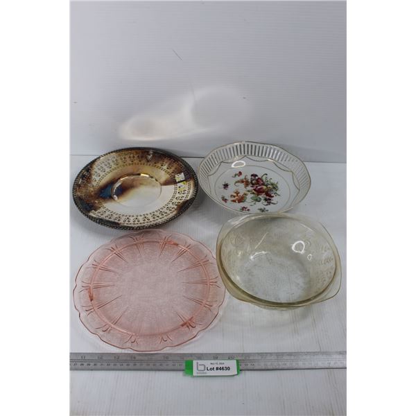 Pink Depression Glass Bowl w/ Tray, Silver Plated Plate, Misc.