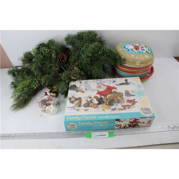 Various Christmas Decorations, Tree Decor, 350 Piece Santa Claus Puzzle- As is, Misc.