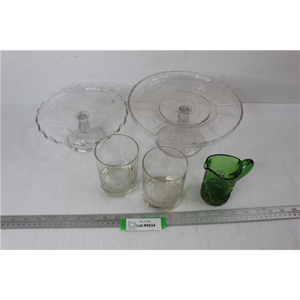 (2) Crystal Trays/ Platters, Starbuck MINN. Small Green Glass Souvenir Pitcher, Misc.