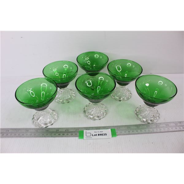 (6) Green Glass w/ Clear Bases Sherbet or Cocktail Glasses