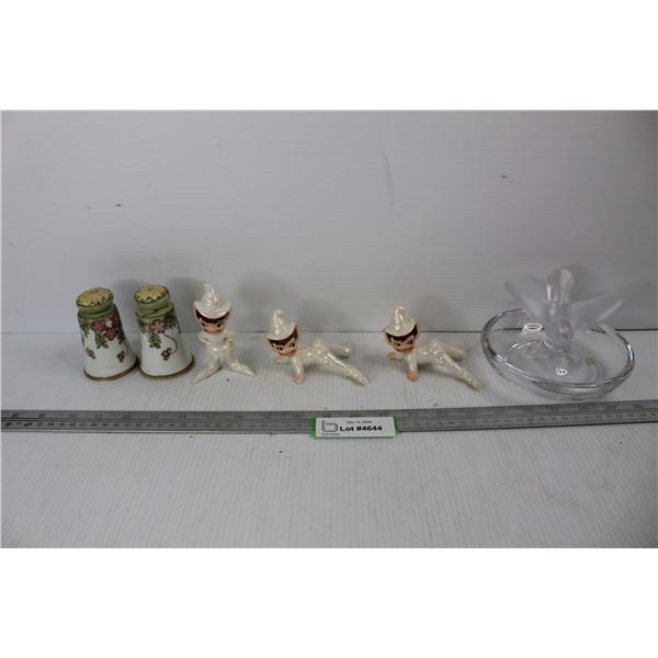 (3) Ceramic Elf Ornaments, Set Of Salt And Pepper Shakers, Misc.