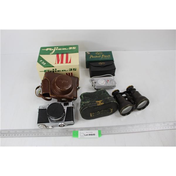 Pair Of Vintage Unmarked Binoculars, Vintage Fujica 35 Camera w/ Box And Accessories, Misc.