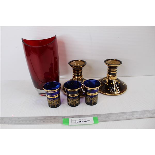 (3) Unmarked Cobalt Blue Glasses, Ruby Red Vase, Misc.