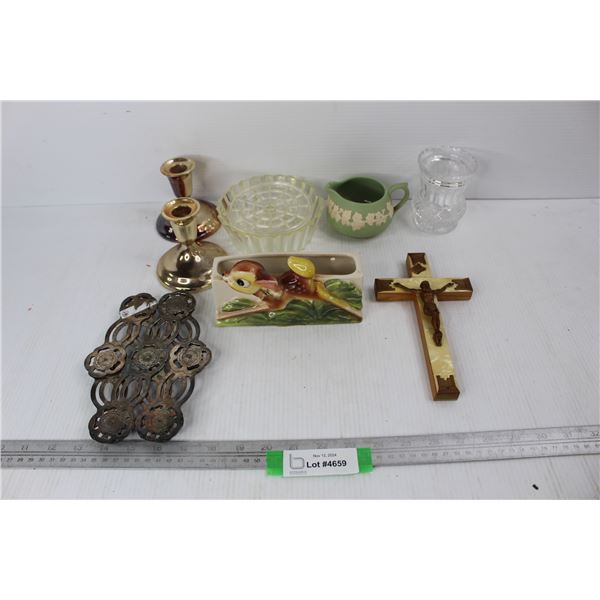 Unmarked Wooden Crucifix, (2) Unmarked Silver Plated Candle Holders, Misc.