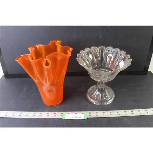 Vase - Orange Glass 8.5" Tall, Glass Fruit Bowl 7" Tall