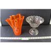 Image 1 : Vase - Orange Glass 8.5" Tall, Glass Fruit Bowl 7" Tall