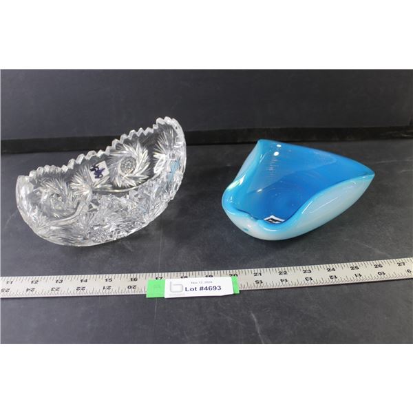Crystal Candy Bowl 8.5" Length, Blue Glass Candy Dish 8" Length