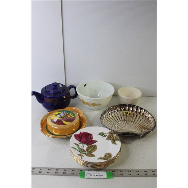 Orange Glass Butter Dish, Ceramic Teapot, (6) Fine China "English Rose" Plates, Seashell Metal Platt