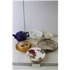 Image 1 : Orange Glass Butter Dish, Ceramic Teapot, (6) Fine China "English Rose" Plates, Seashell Metal Platt