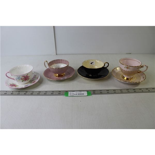 (4) Fine China Teacups & Saucers (Tuscan, Shelley, Ainsley, Crown Devon)