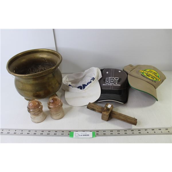 (2) Telegraph Insulators, Vintage Wood Scribe, (3) Ball Caps (John Deere, Uncle Dicks Trucking, Rona