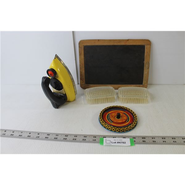 Vintage Framed Slate Board 10.5" x 7", Tin Iron Ornament, Metal Spinner "Flicker Top", Set Upholster