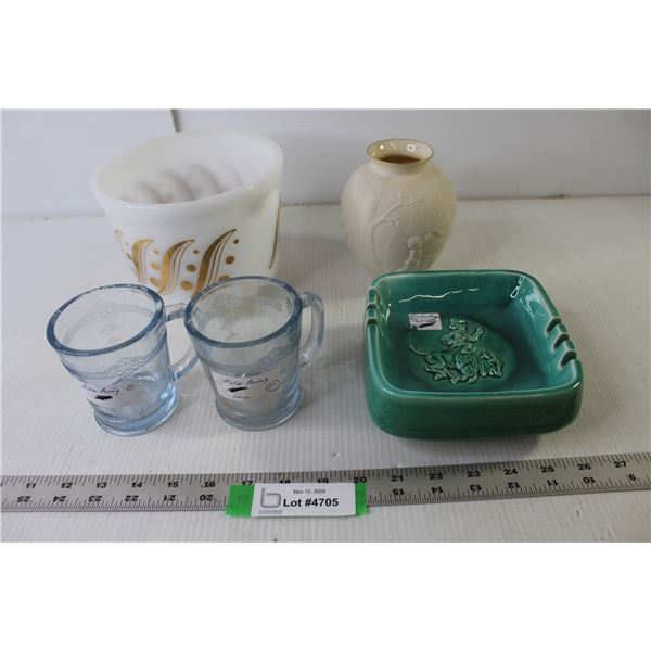 Danesi Vintage Ash Tray, Lenox Mini Decorative Vase, (2) Fire-King Coffee Cups, White Glass Bowl