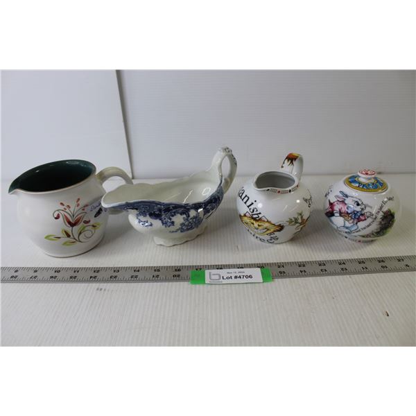Fine China "Alice In Wonderland" Cream & Sugar Set, Ceramic Gravy Boat, Denby Small Pitcher