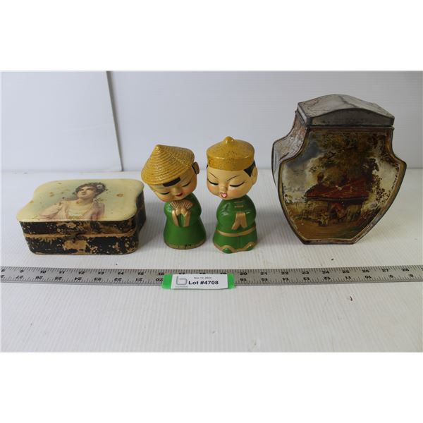 Set Bobbleheads - Asian Theme, Vintage Jewelry Box, Vintage Dry Goods Metal Tin