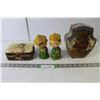 Image 1 : Set Bobbleheads - Asian Theme, Vintage Jewelry Box, Vintage Dry Goods Metal Tin