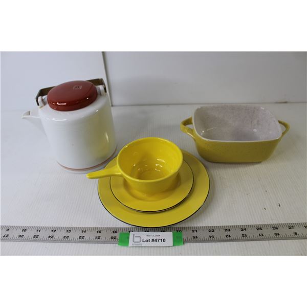 Ceramic Dansk Tapestries Kettle With Metal Handle, Small Casserole Dish, Ceramic Plate Set With Grav