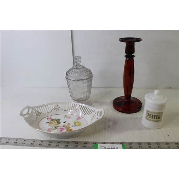 Ceramic Candleholder, Ceramic "Flowers" Bread Dish, Pepper Shaker, Glass Candy Dish With Lid