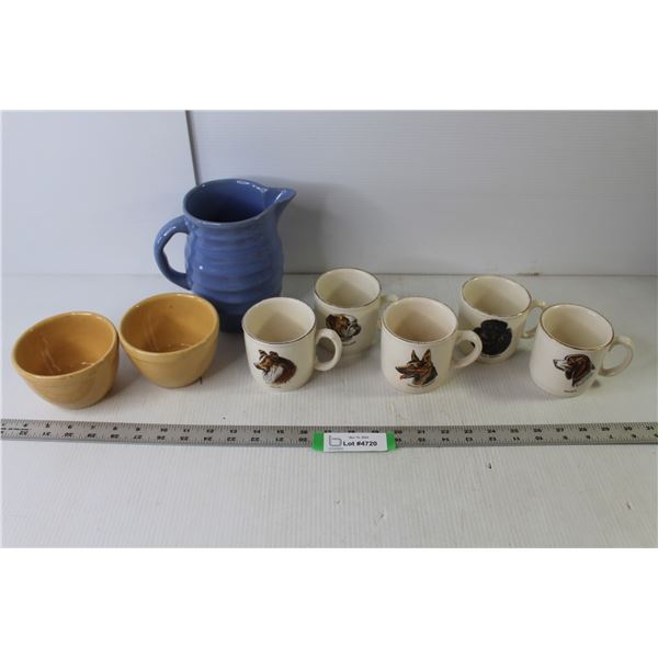Set 5 WLE Ltd. Ceramic Coffee Mugs "Dogs", Ceramic Pitcher, Pair Small Ceramic Bowls