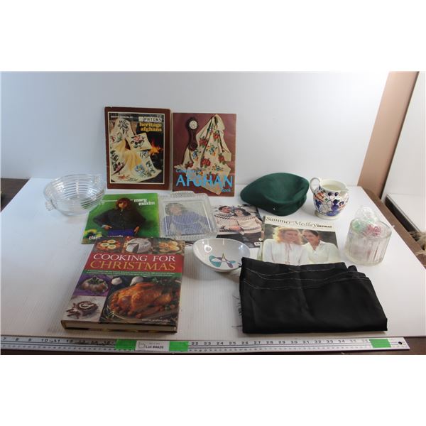 Afghan & Cooking for Christmas Books, Glass Bowl, Serving Tray, Hat, Creamer and Misc.
