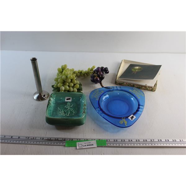 Ash Trays, Candle Holder, Artificial Grapes and Greetings Book