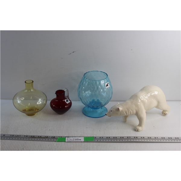 Amber and Turquoise Glass Vases, Red Glass Pitcher and a Ceramic Polar Bear