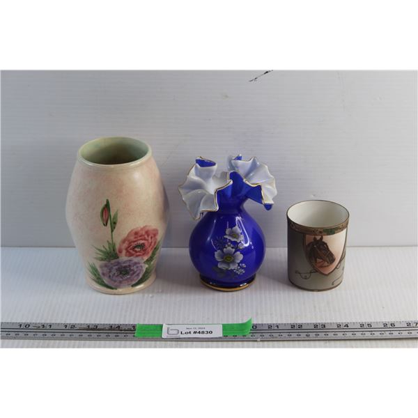 (2) Vases and a Hand Painted Glass