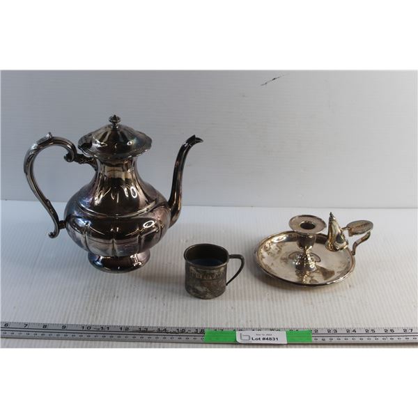 Silver Candle Holder, Tea Pot and a Cup