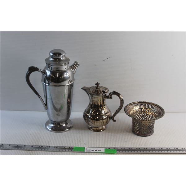 Silver Coffee Pots and a Basket Dish
