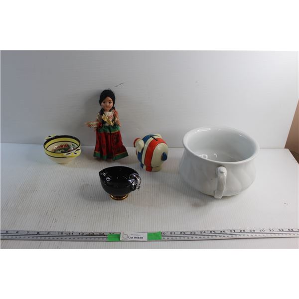 Chamber Pot, Mexican Doll, Bowl, Gravy Boat and a Piggy Bank