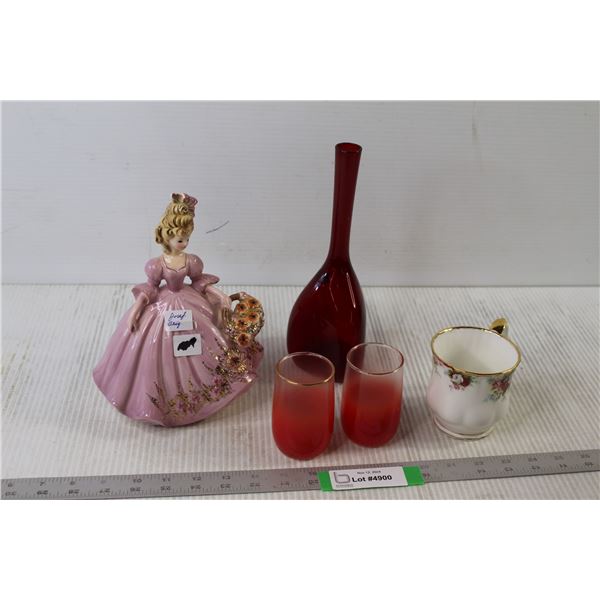 China Teacup, (2) Small Cups, Vase, Ceramic Doll