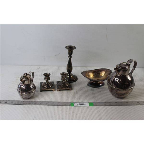 (3) Silver Plated Candle holders, Silver Plated Cream Pourer And Teapot, Silver Plated Raised Dish
