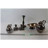 Image 1 : (3) Silver Plated Candle holders, Silver Plated Cream Pourer And Teapot, Silver Plated Raised Dish